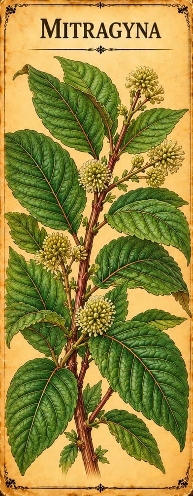Botanical illustration of Mitragyna